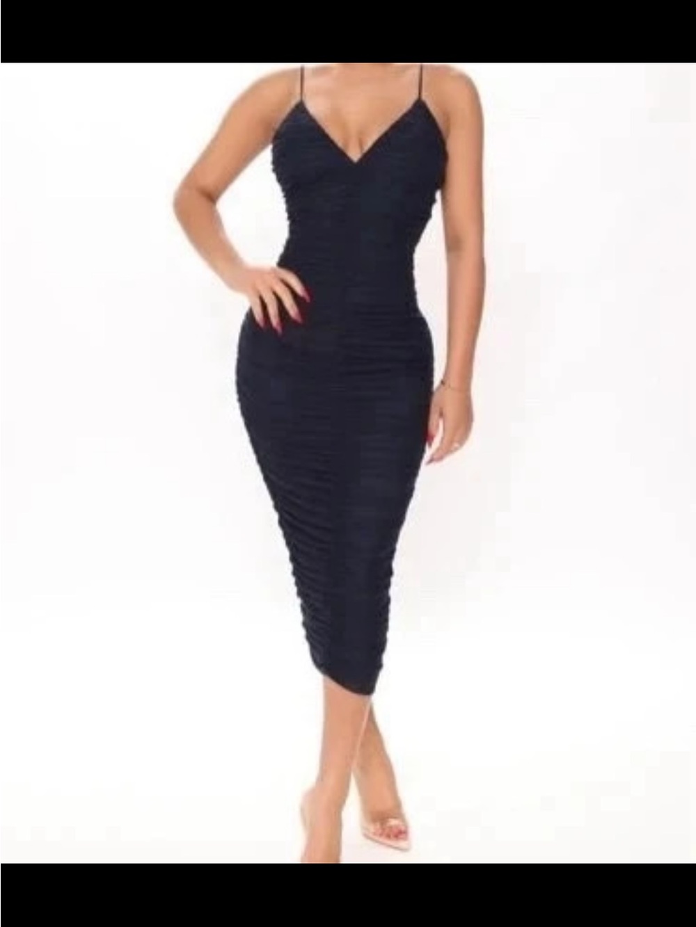 Navy Blue Ruched Bodycon Midi Dress - Women